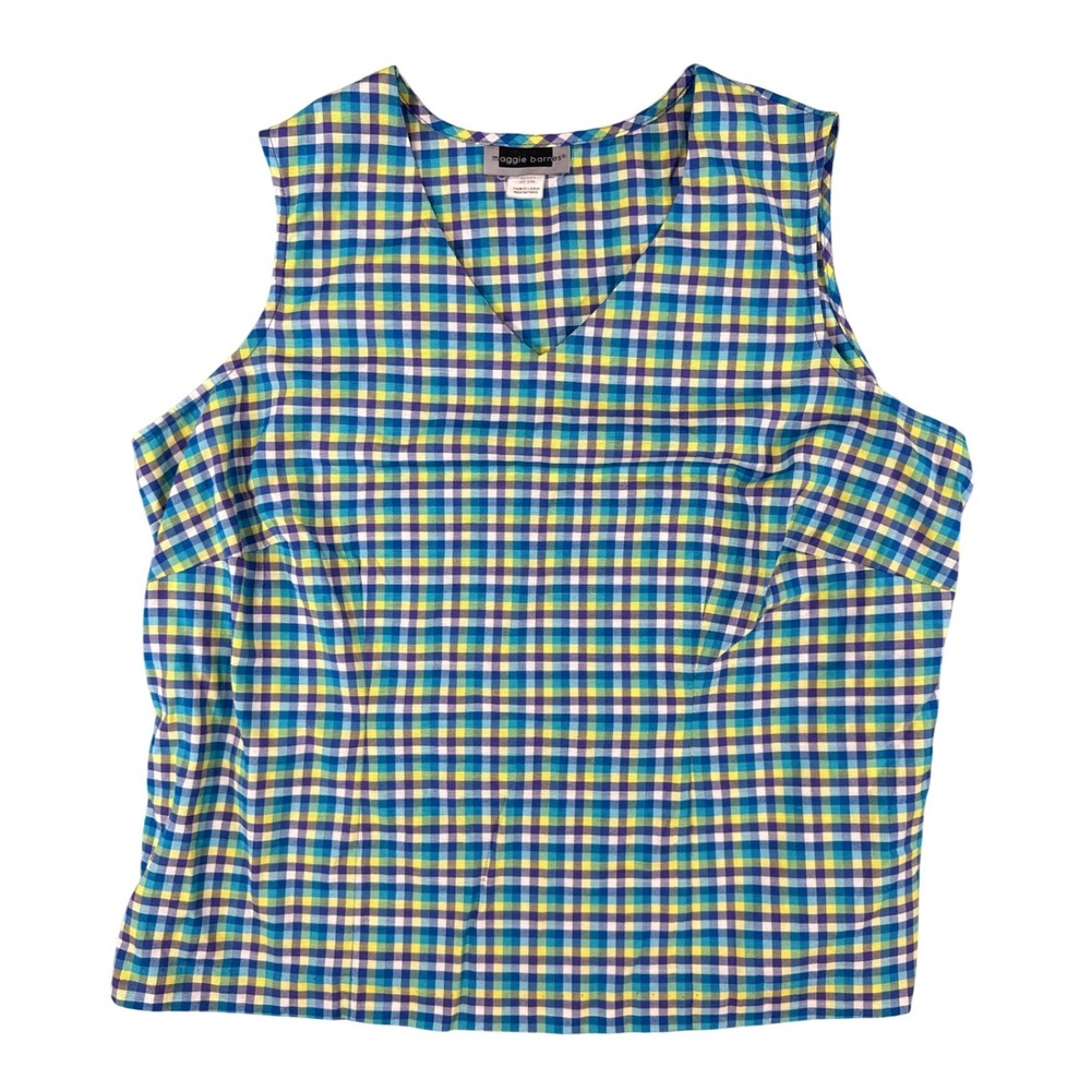 Maggie Barnes 20W Plaid Sleeveless V-Neck Blouse Blue Yellow‎ Purple Check Shirt